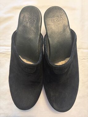 UGG Black Suede Mule Clogs with Shearling Lining
